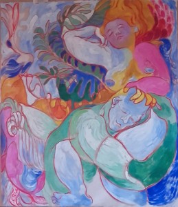 "Couple d'amoureux " huile sur papier marouflé sur toile                     